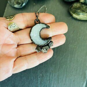 Druzy Crescent Moon Necklace with Herkimer Diamond Starburst